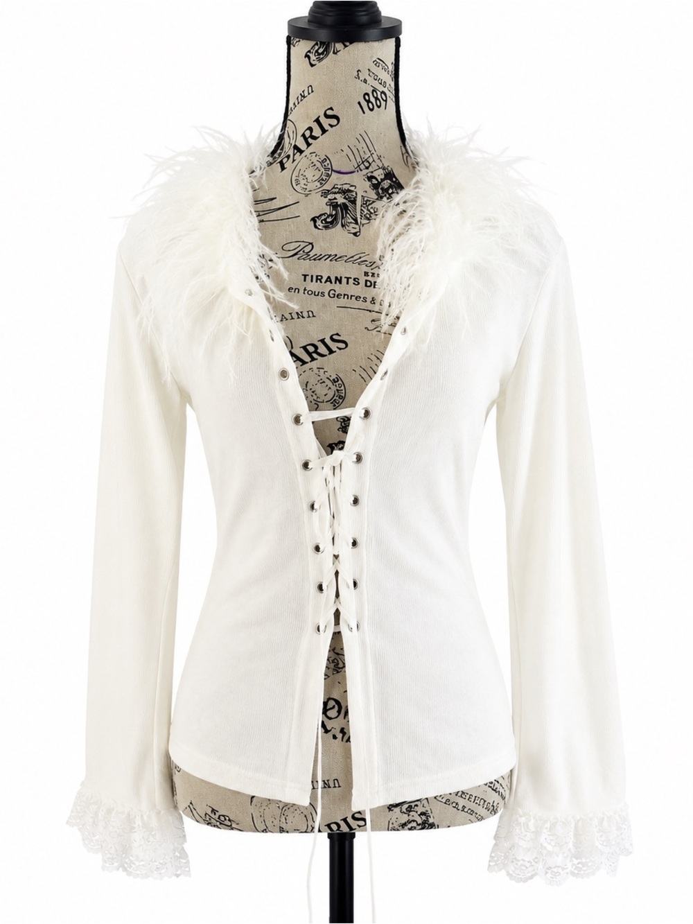 White Lace-Up Feather Collar Top